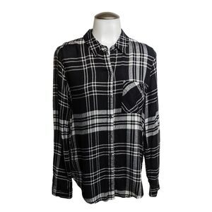 Eddie Bauer Shirt Women Small Flannel Plaid Top Black & White Button Down S